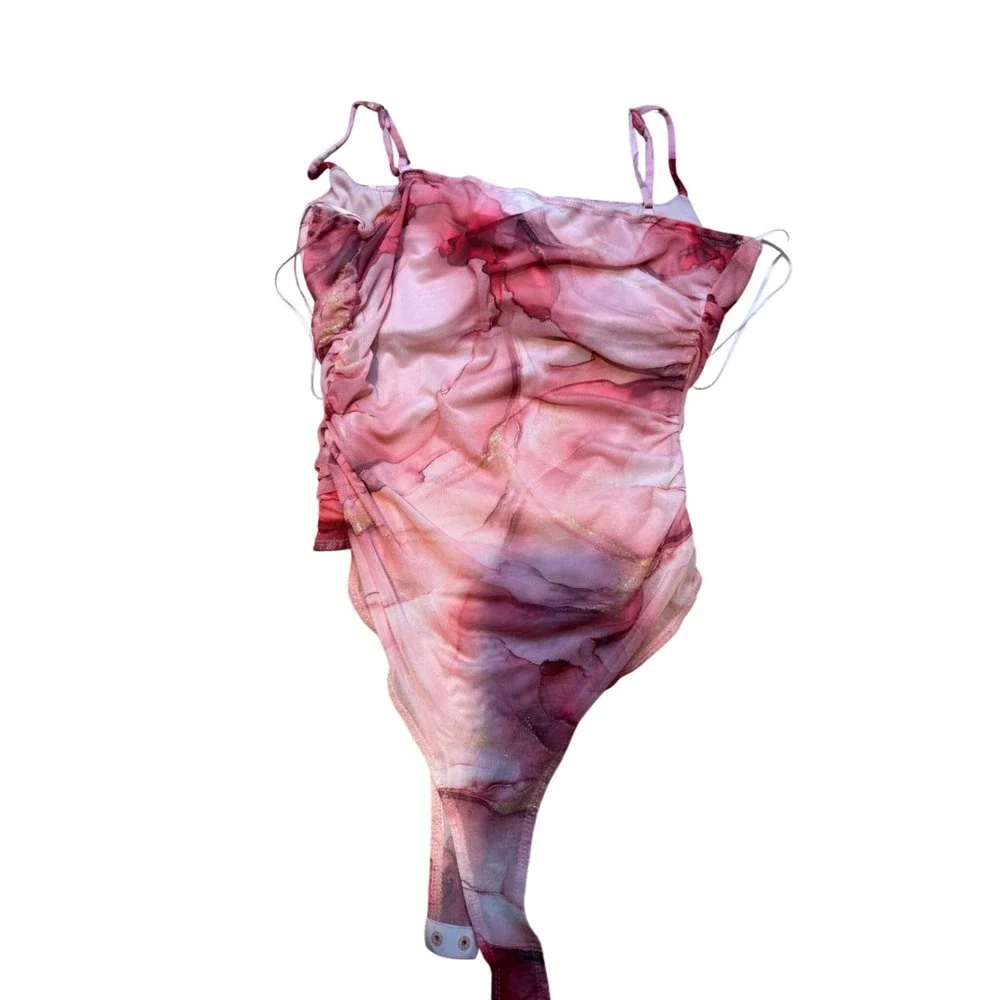 Privy Pink Marble Mesh Ruched Bodysuit Sweetheart Neck Gold Accents Large